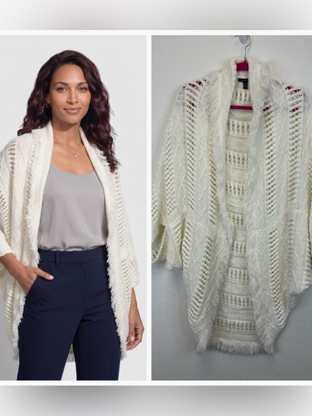 Cottagecore Boho Open Front Ivory Cable Knit Sweater Cardigan One Size Fringe